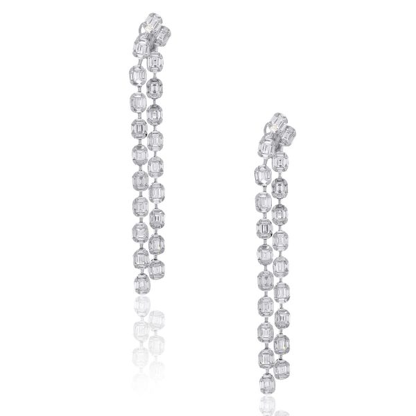 18k White Gold 7.25ctw Baguette Cut Diamond Double Row Drop Earrings