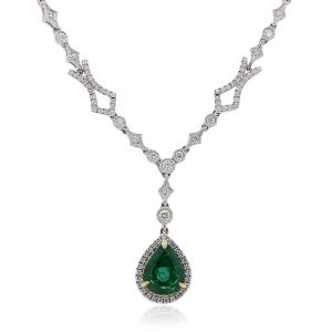 14k White Gold 2.70ct Pear Shape Emerald and 0.86ctw Diamond Pendant Necklace