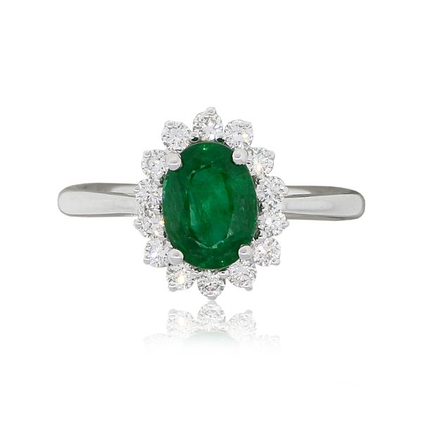 18k White Gold 1.30ct Oval Emerald and 0.34ctw Diamond Halo Ring