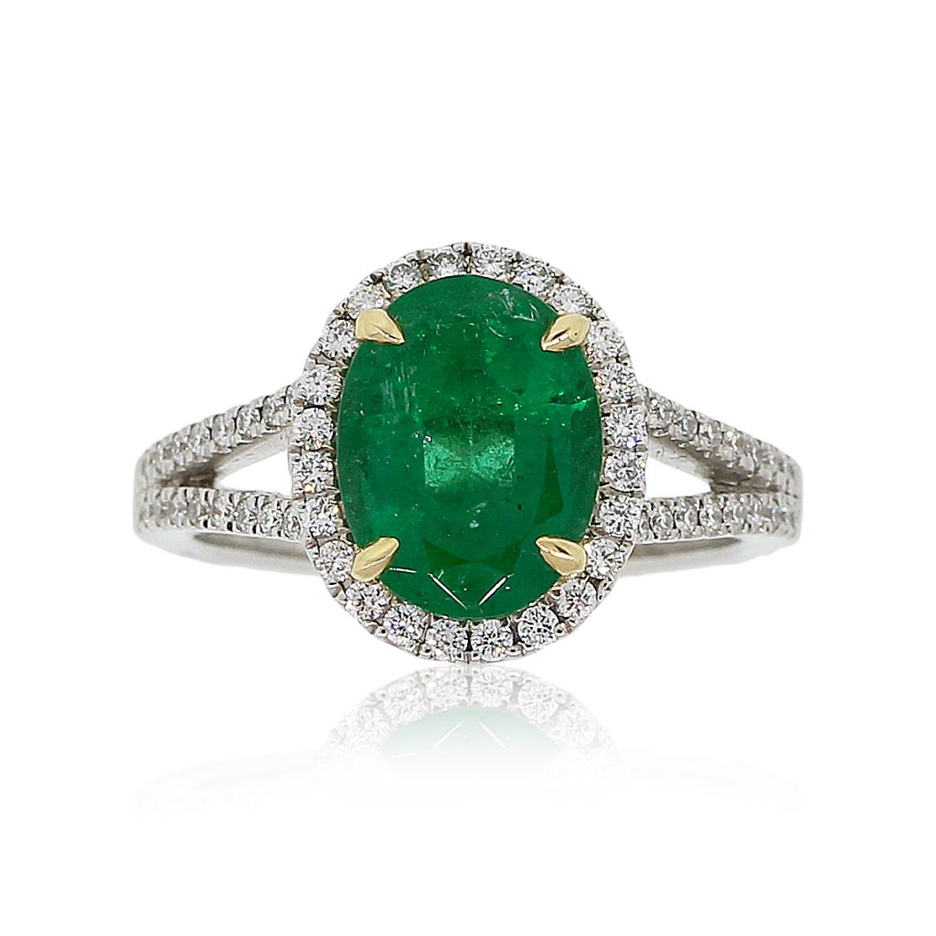 18k White Gold GIA Certified 2.47ct Oval Emerald and 0.48ctw Diamond Ring