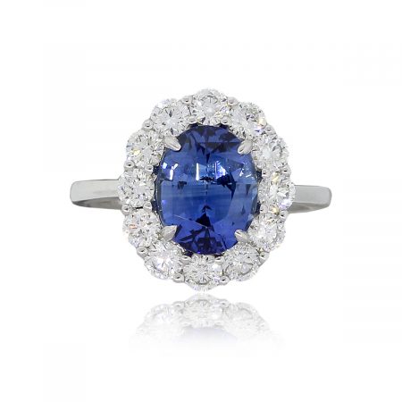 18k White Gold GIA Certified 3.48ct Oval Sapphire and 1.37ctw Diamond Halo Ring