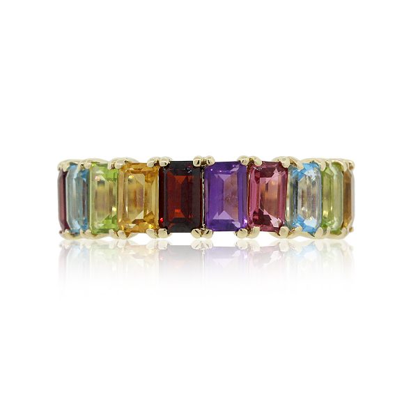 14k Yellow Gold 4.48ctw Multi Color Emerald Cut Gemstone Band
