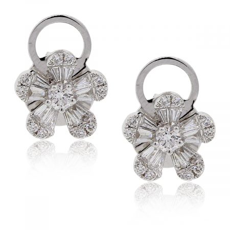 18k White Gold 0.74ctw Round & Baguette Diamond Flower Earrings