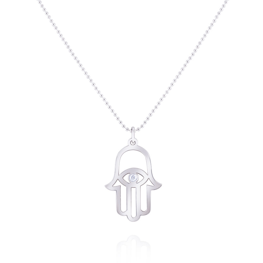 KC Designs 14k White Gold 0.03ct Diamond Hamsa Pendant Bead Chain Necklace
