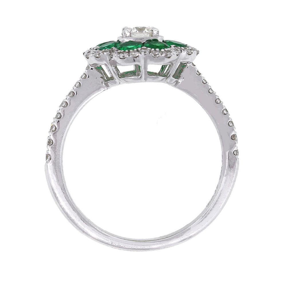 18k White Gold 0.54ct Round Diamond With Emerald Flower Ring