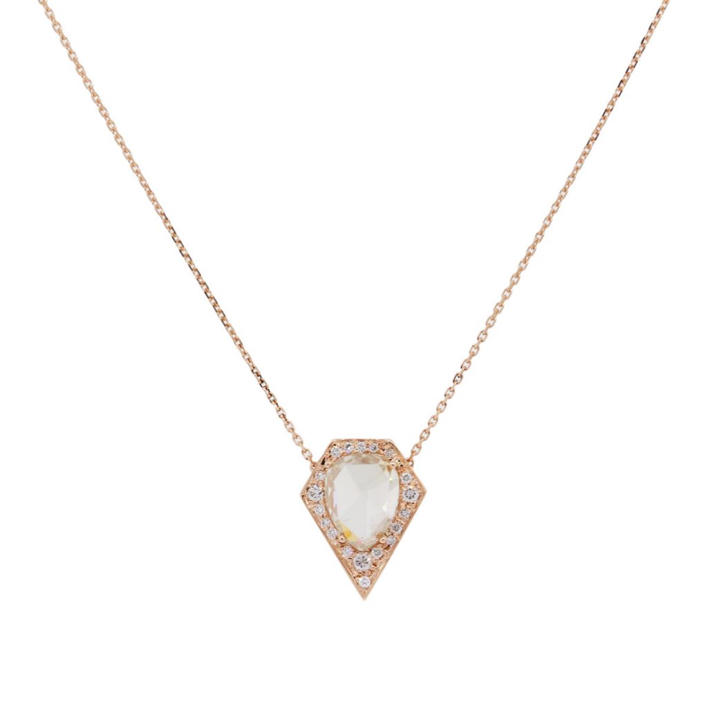 14k Rose Gold 2.41ct Rose Cut Pear Shape Diamond and 0.25ctw Diamond Shield Pendant on Chain
