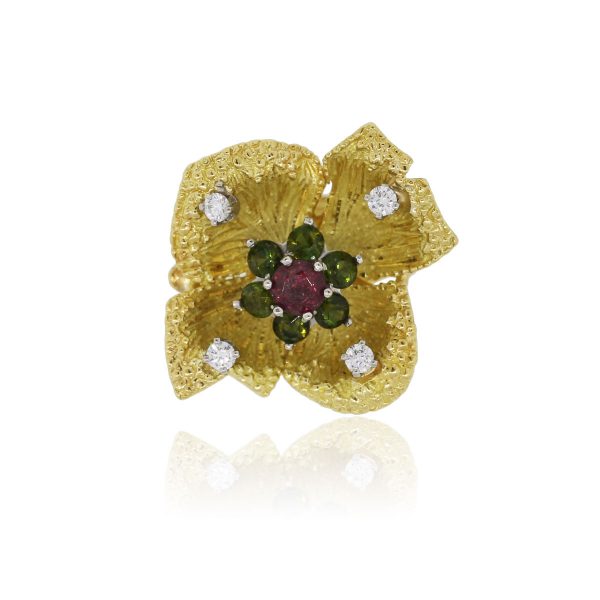 18k Yellow Gold 0.12ctw Diamond Peridot and Garnet Flower Cocktail Ring