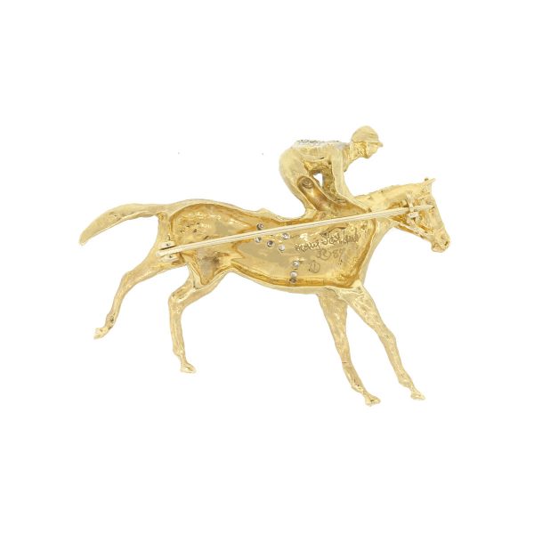 18k Yellow Gold 0.20ctw Diamond Horse And Jockey Brooch Pin