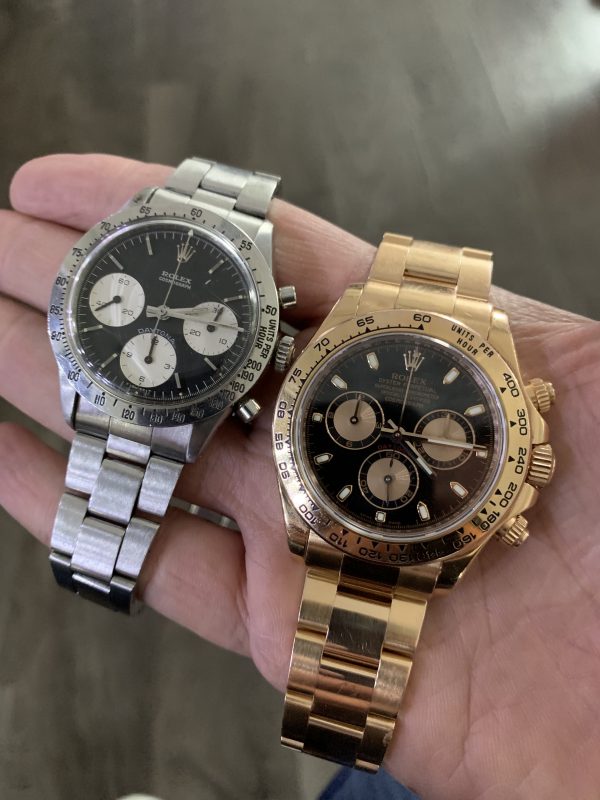 Two Rolex Daytona men's watches, stainless steel and 18k rose gold
