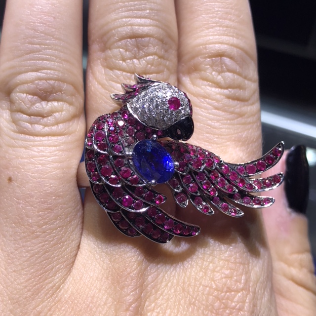 diamond, sapphire and ruby bird cocktail ring 