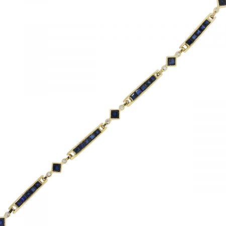 18k Yellow Gold Princess Cut Blue Sapphire and Diamond Line Bracelet