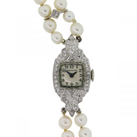Hamilton Platinum Diamond and Double Pearl Strand Ladies Watch