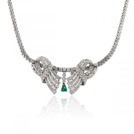18k White Gold 2ctw Diamond and Trillion Shape Emerald Necklace