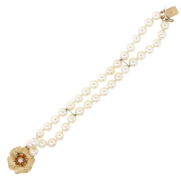14k Yellow Gold Flower With Citrine And Diamond Pearl Bracelet