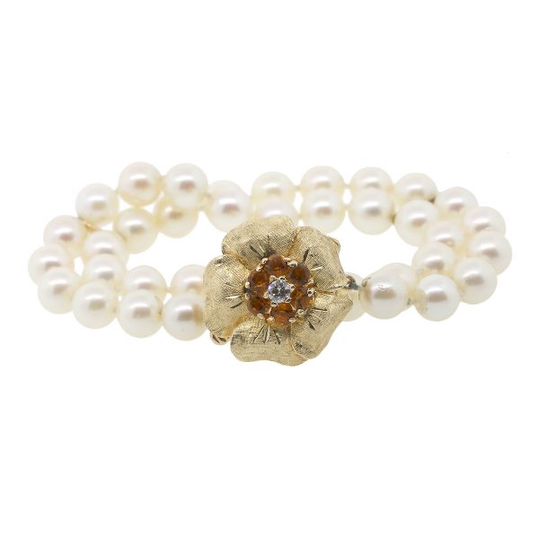 14k Yellow Gold Flower With Citrine And Diamond Pearl Bracelet