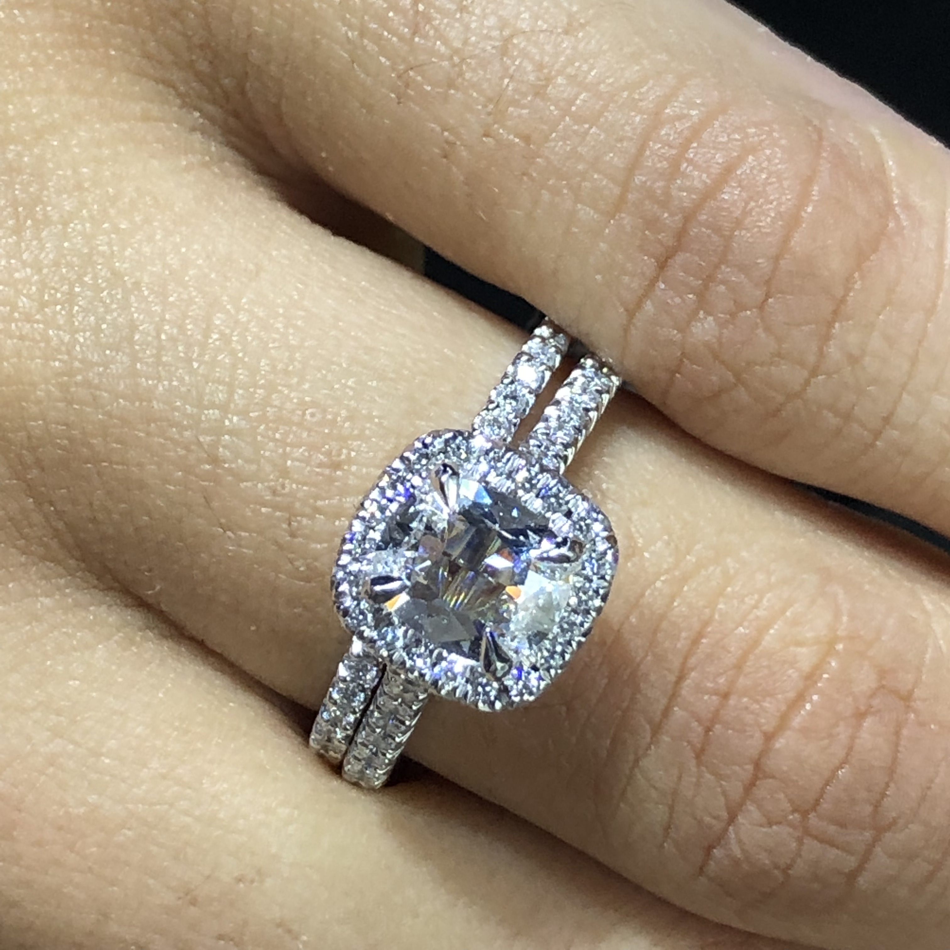 cushion cut diamond engagement ring for white jumpsuit bridal