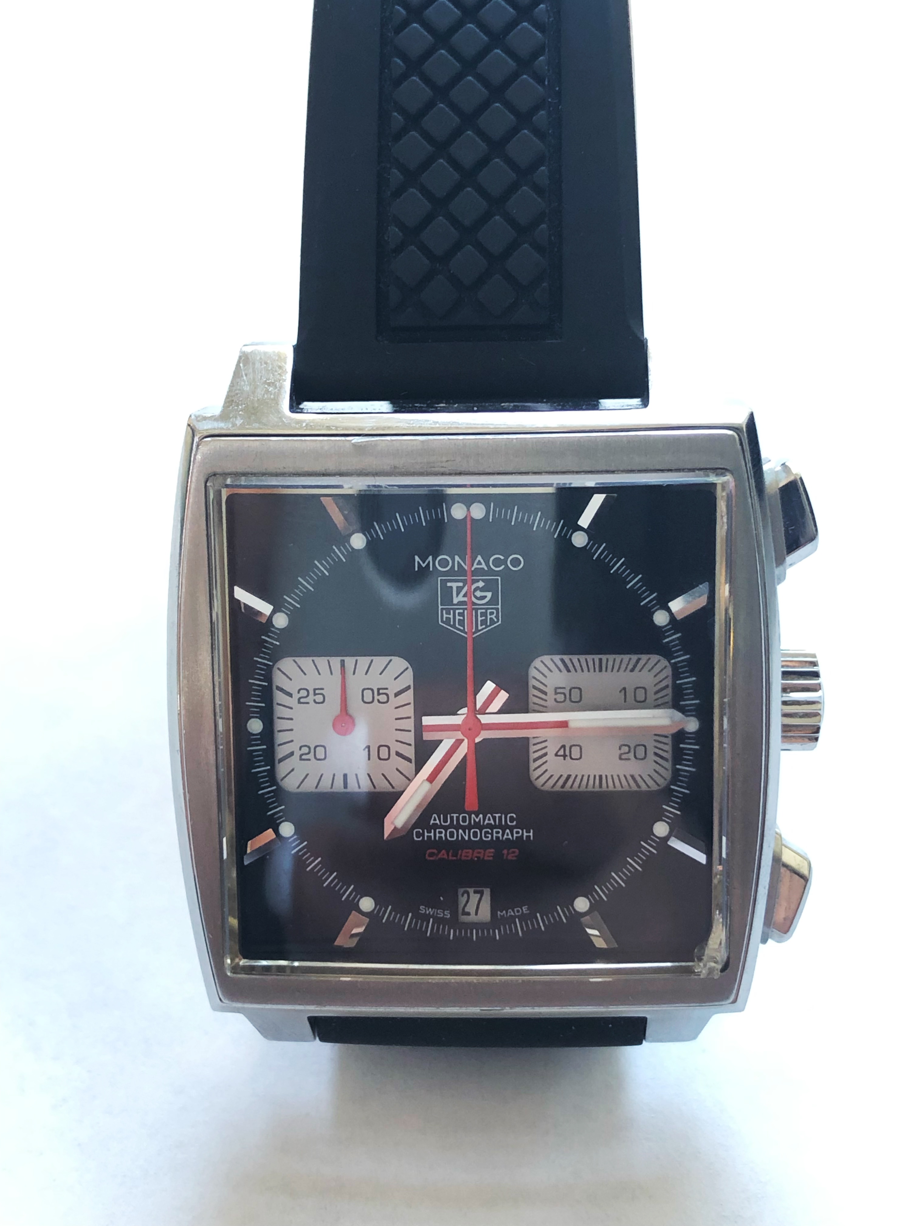 TAG Heuer Monaco men's watch with black rubber strap