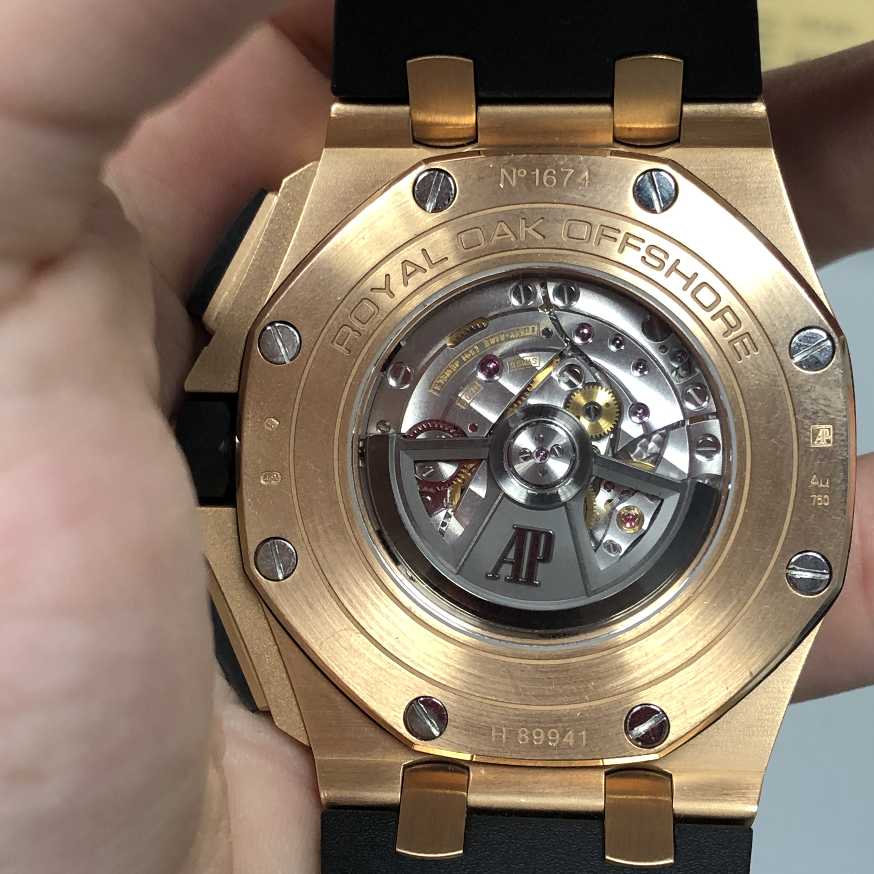 audemars piguet royal oak offshore rose gold rubber clad watch skeleton back 