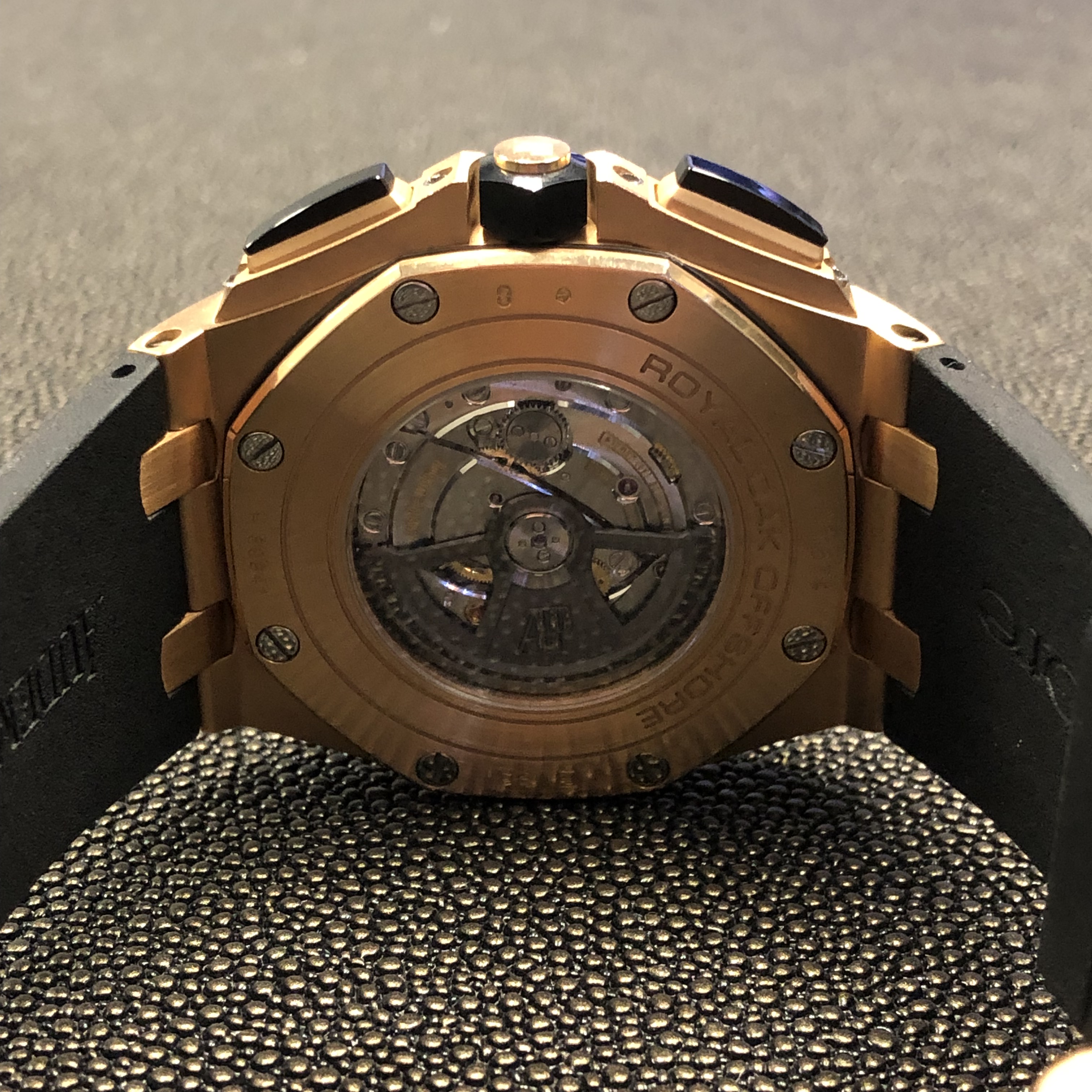 audemars piguet royal oak offshore rose gold rubber clad watch skeleton back on its side