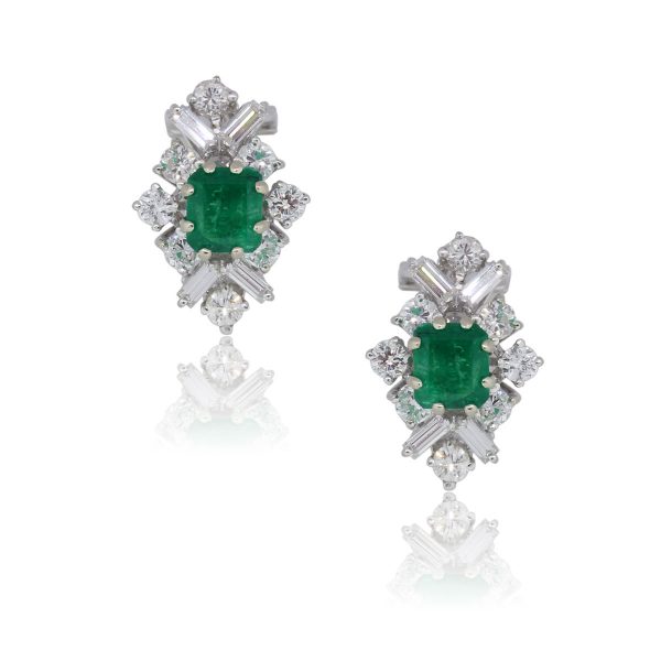18k White Gold 1.70ctw Emerald and 1.05ctw Diamond Earrings