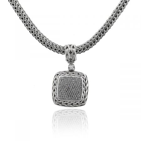 John Hardy 18k & Sterling Silver Diamond Pendant on Large Woven Chain
