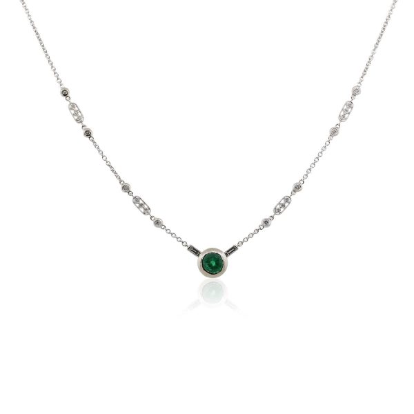 18k White Gold 1.75ct Emerald and 0.35ctw Diamond Byzantine Pendant Necklace