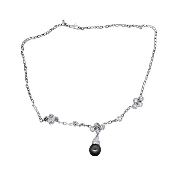 18k White Gold 0.60ctw Diamond Oval Link Necklace With Tahitian Pearl
