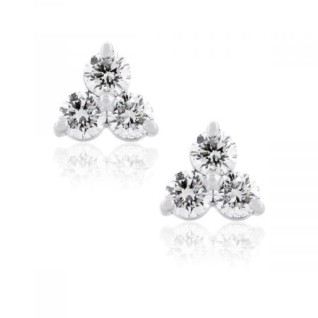 18k White Gold 1.80ctw Round Diamond Three Stone Cluster Earrings