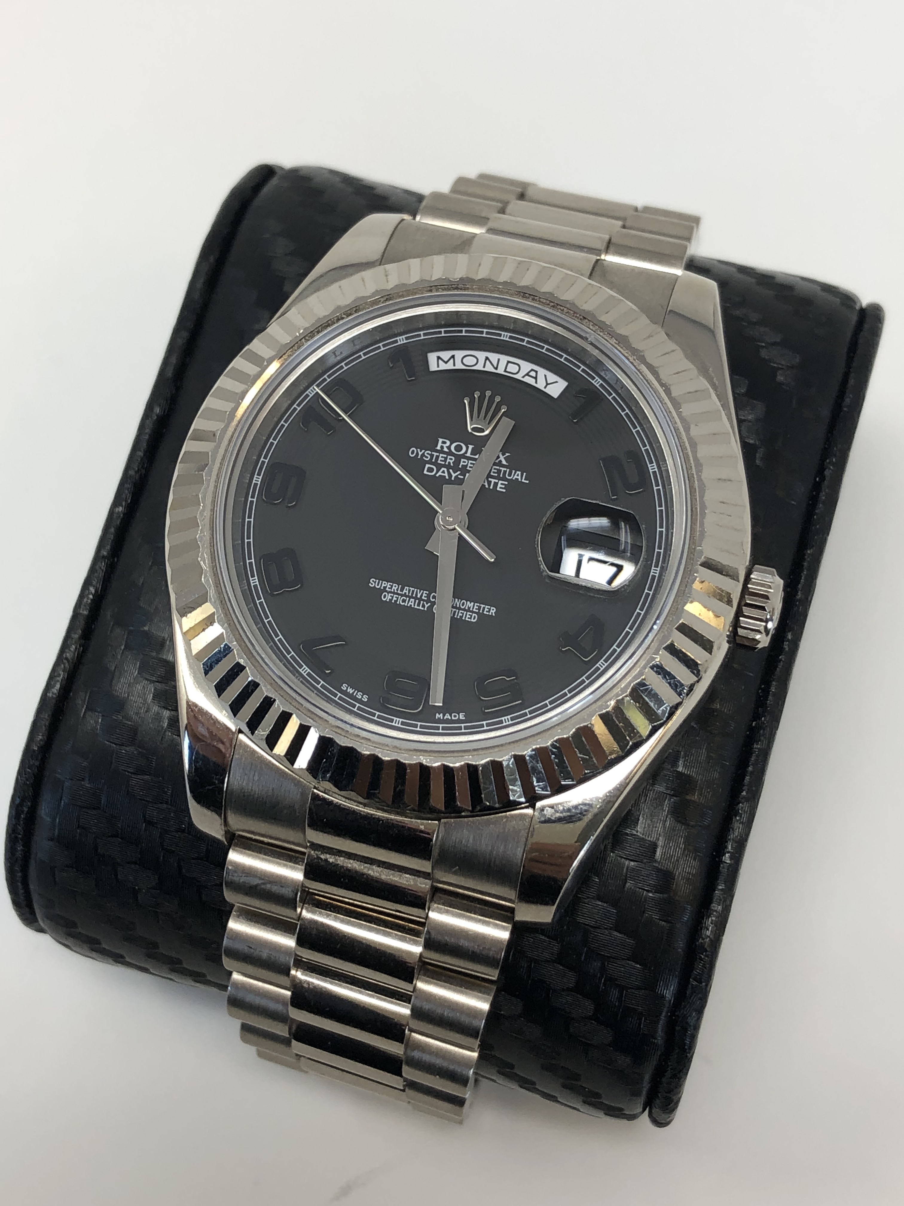 rolex oyster steel watch day date black dial