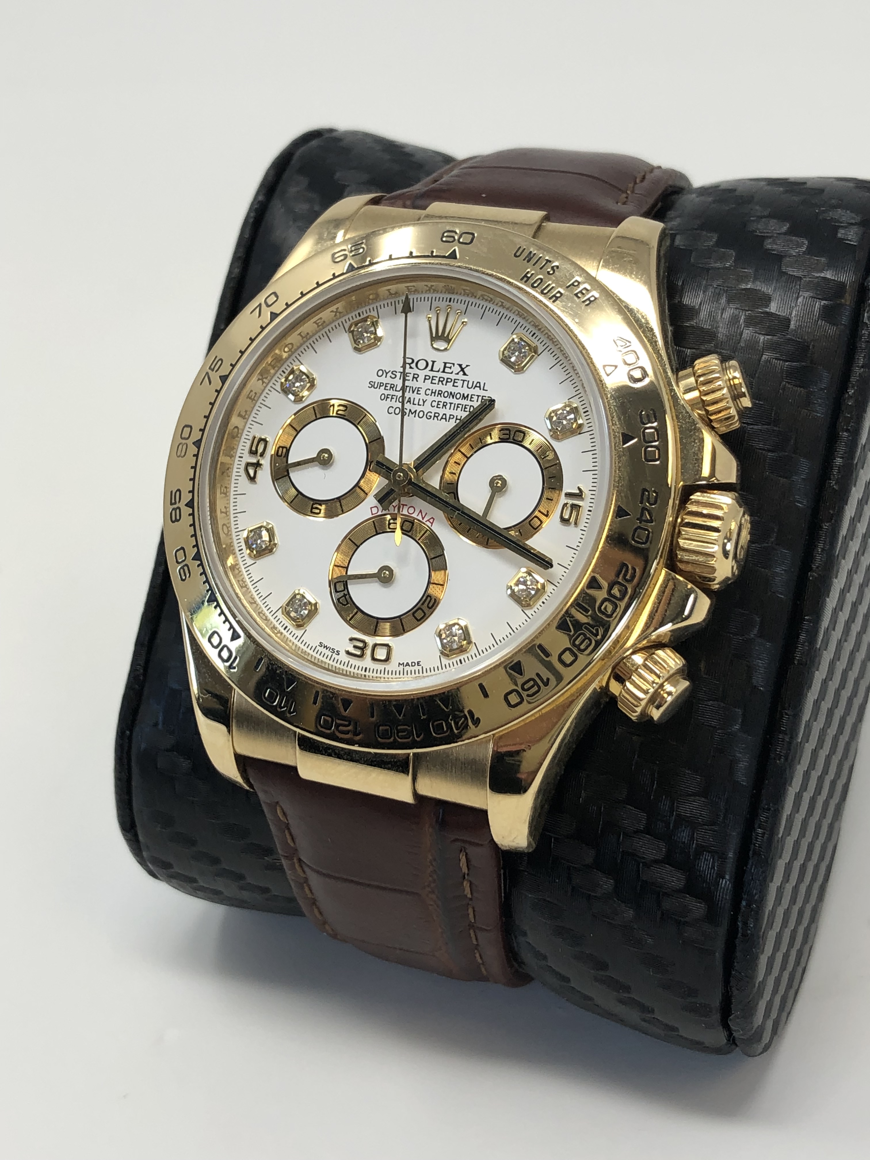 rolex oyster steel watch daytona yellow gold brown crocodile strap