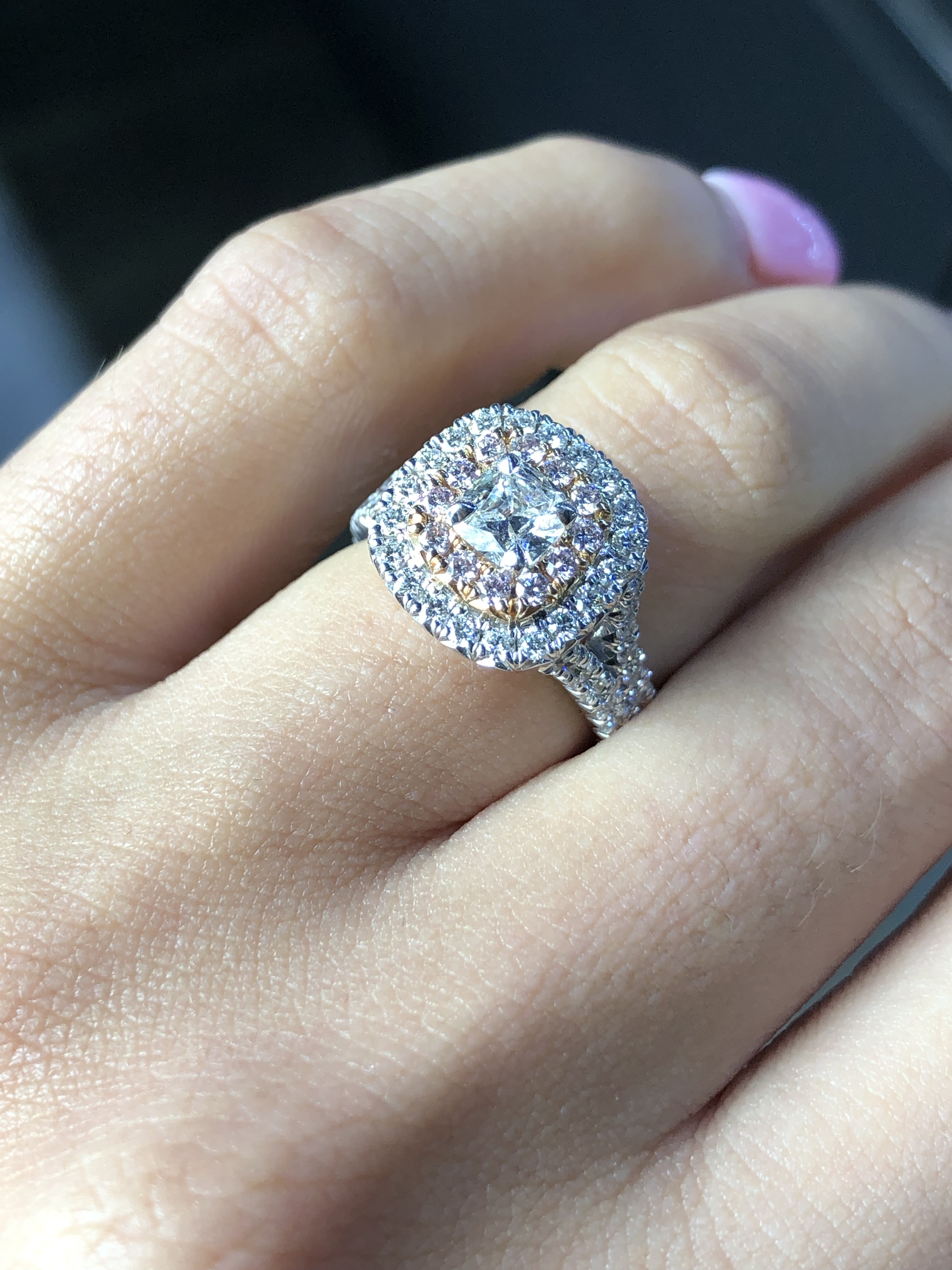 double halo henri daussi engagement ring pink diamond halo