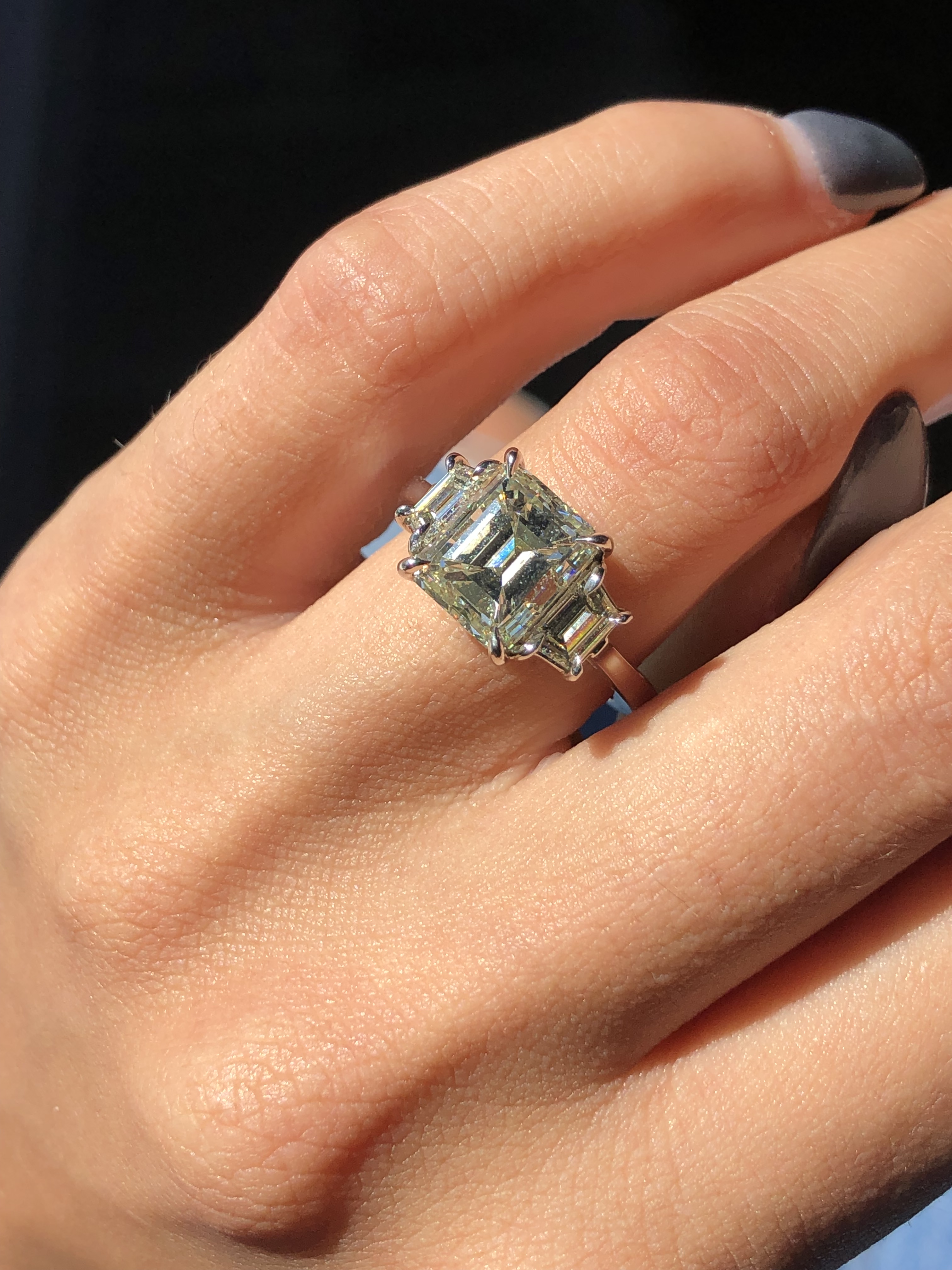 three diamond ring engagement PLATINUM 4CT EMERALD CUT 