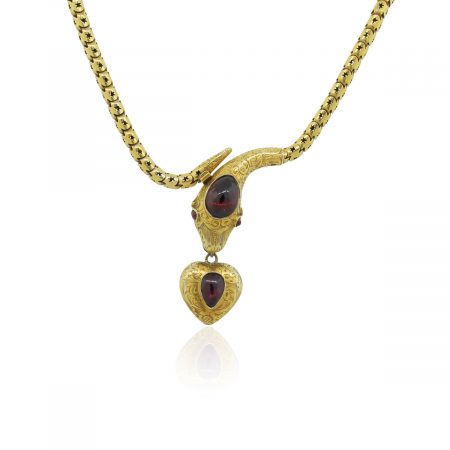 14k Yellow Gold Bezel Set Cabochon Garnet Snake Necklace