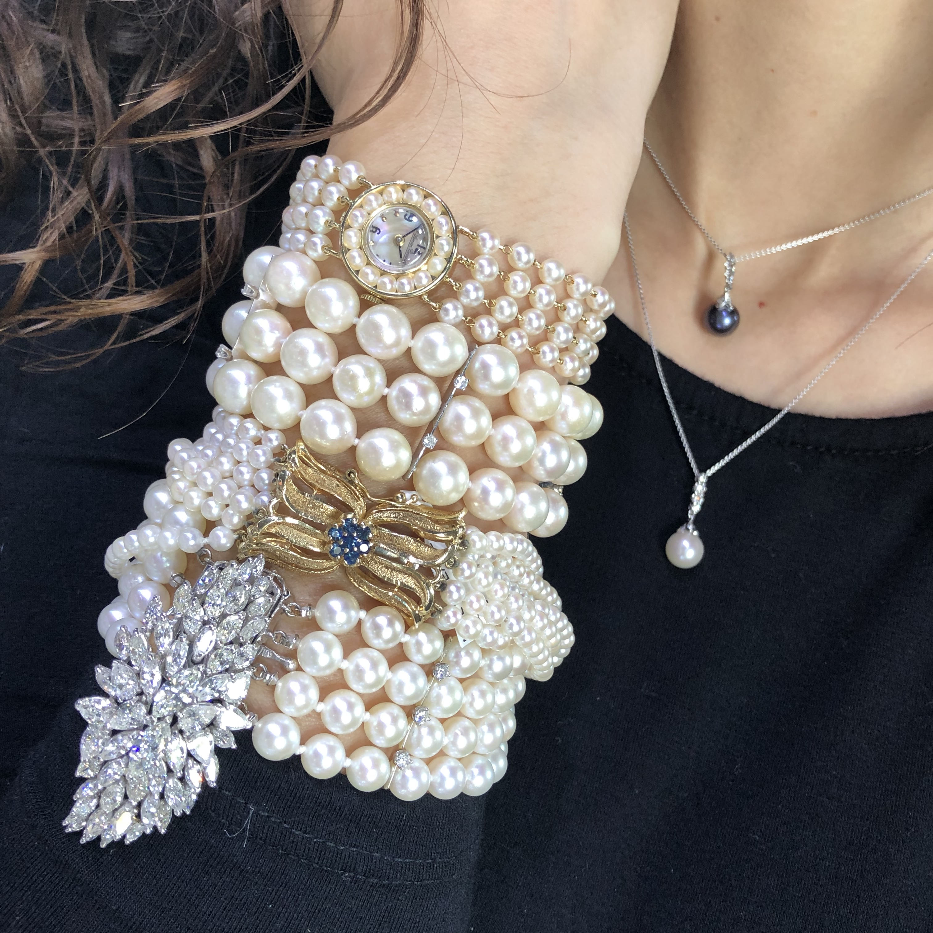diamond pearl wedding jewelry bracelets and watch stacked