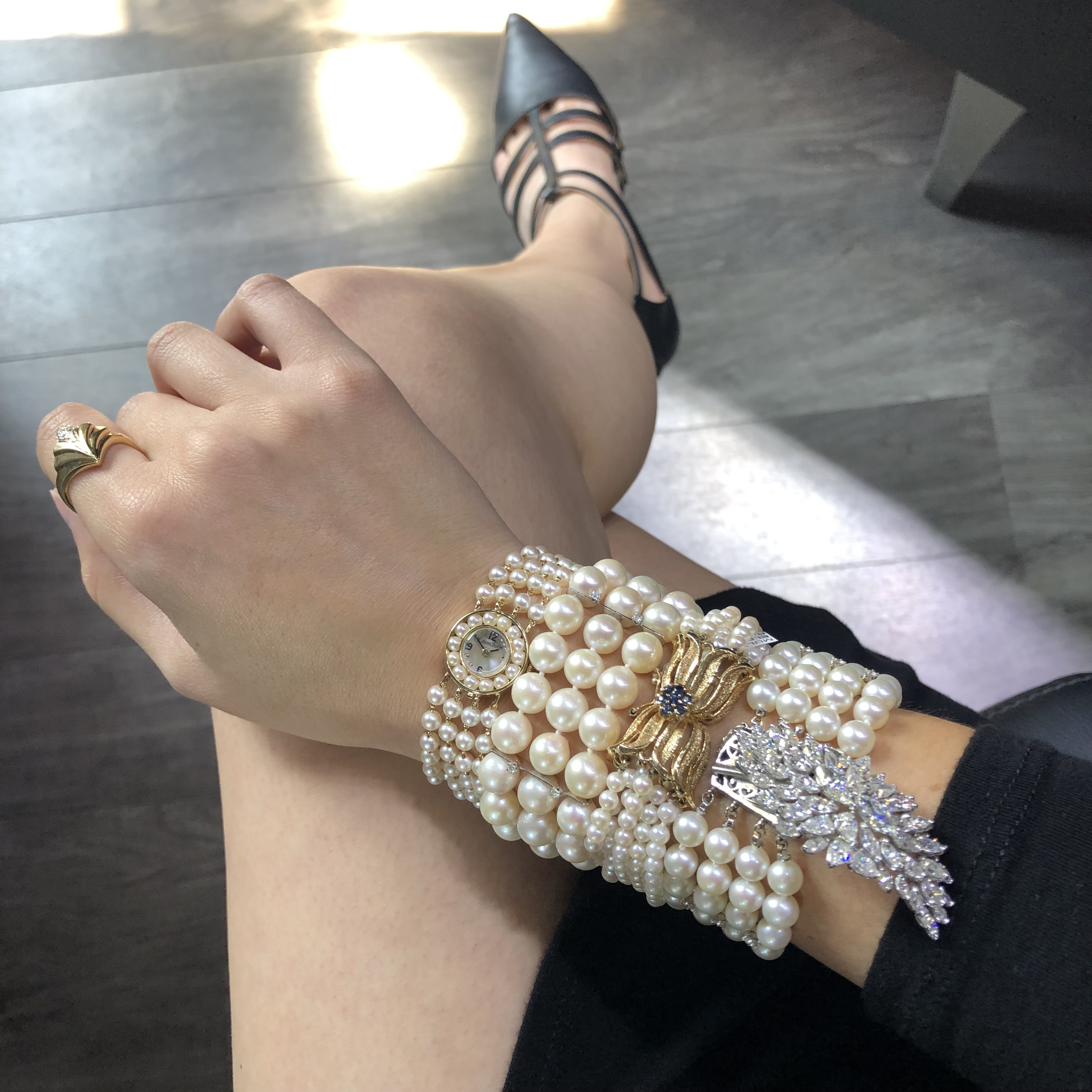 diamond pearl wedding jewelry bracelets and watch stacked