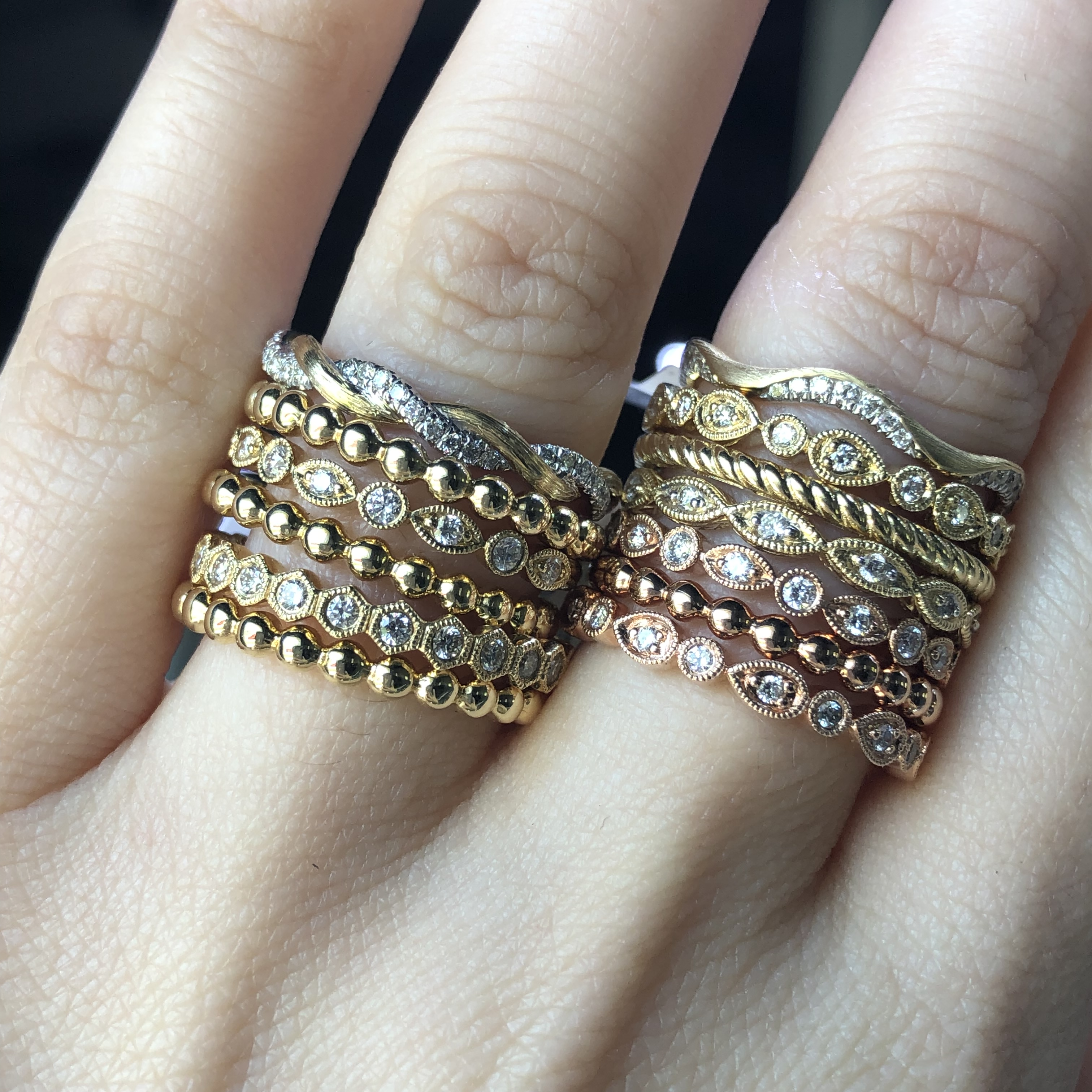 yellow gold rose gold and diamond ring stacks