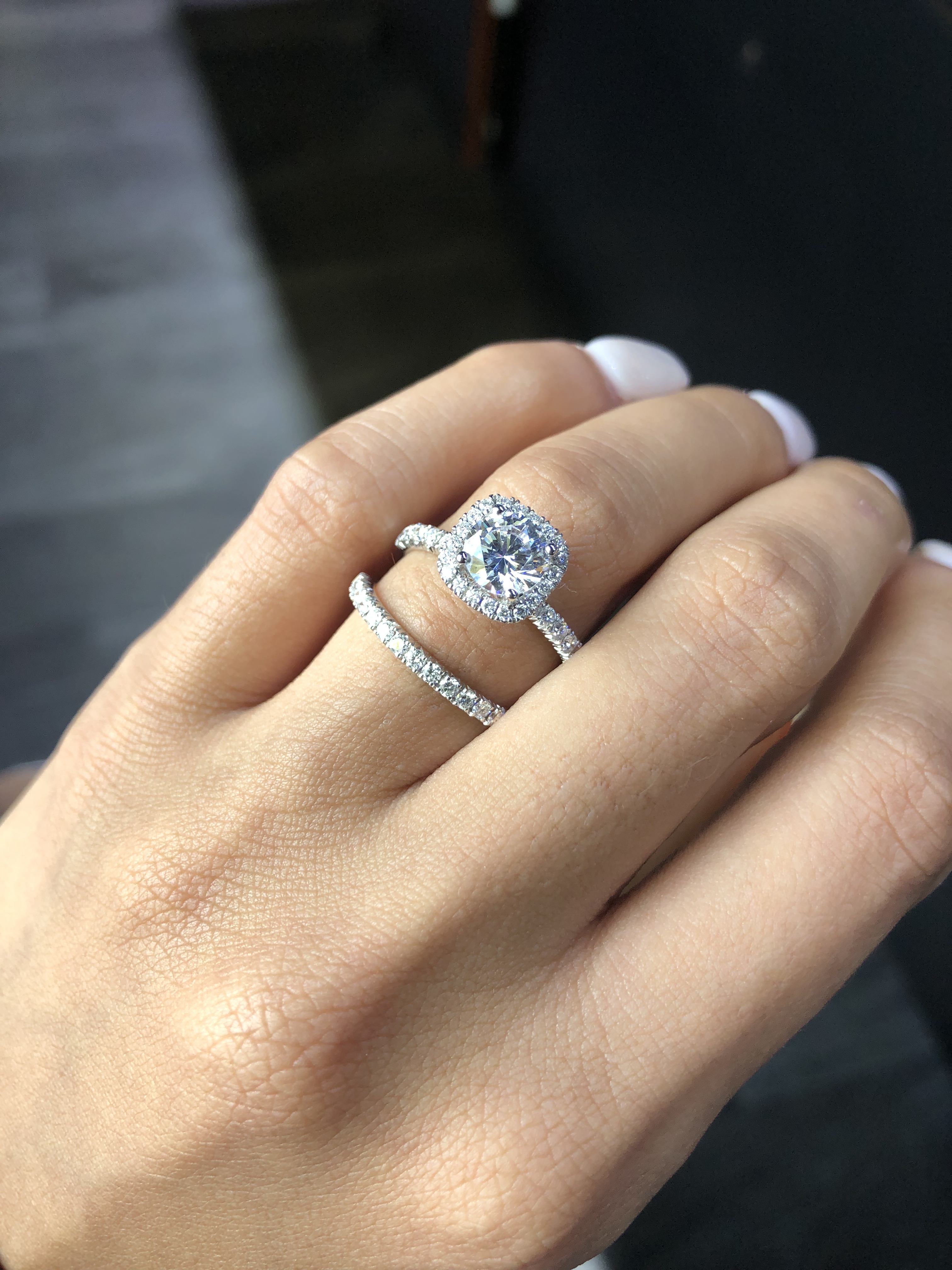 engagement vs wedding ring simon g set diamond halo