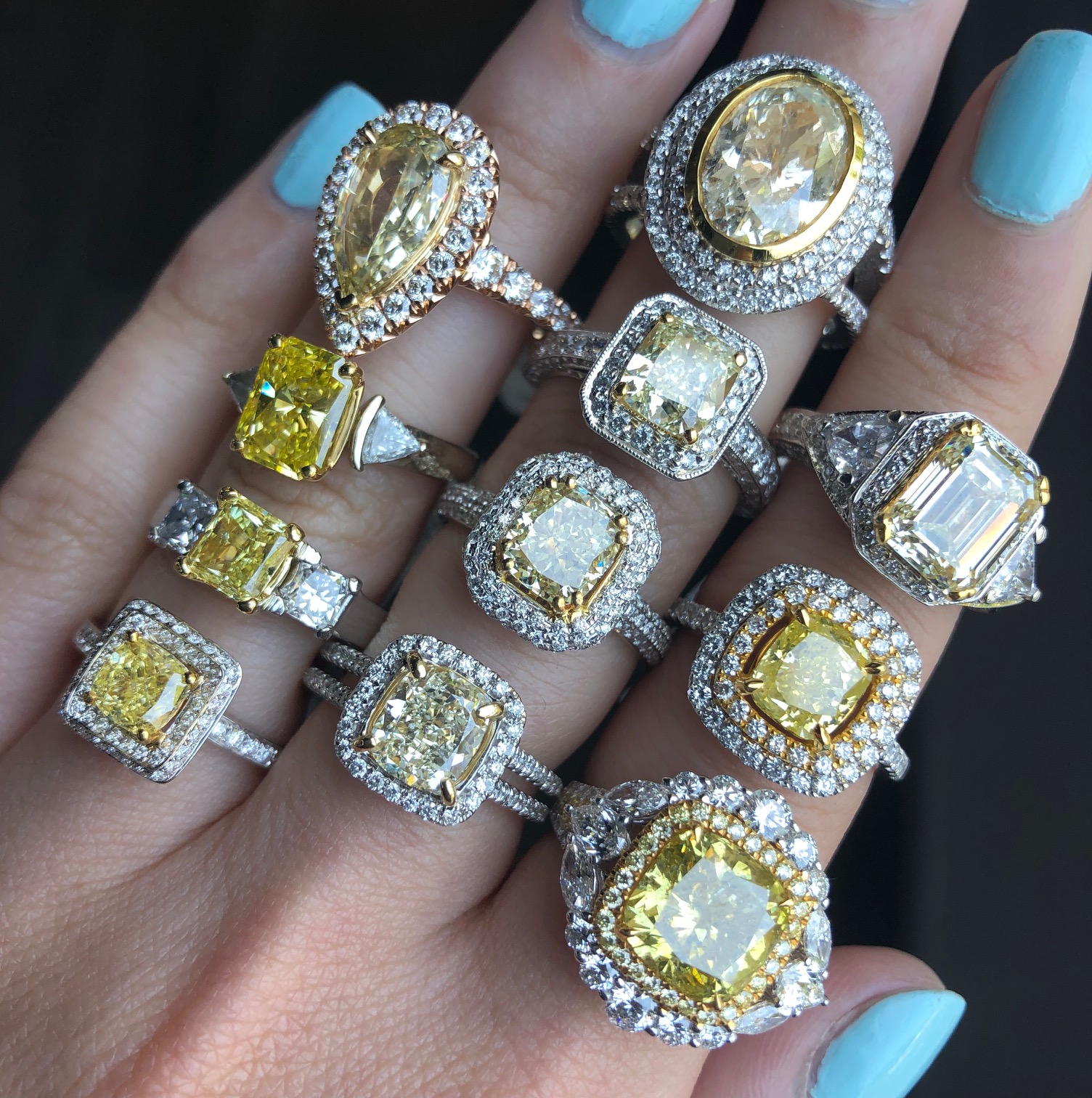 three rows of yellow diamond engagement rings