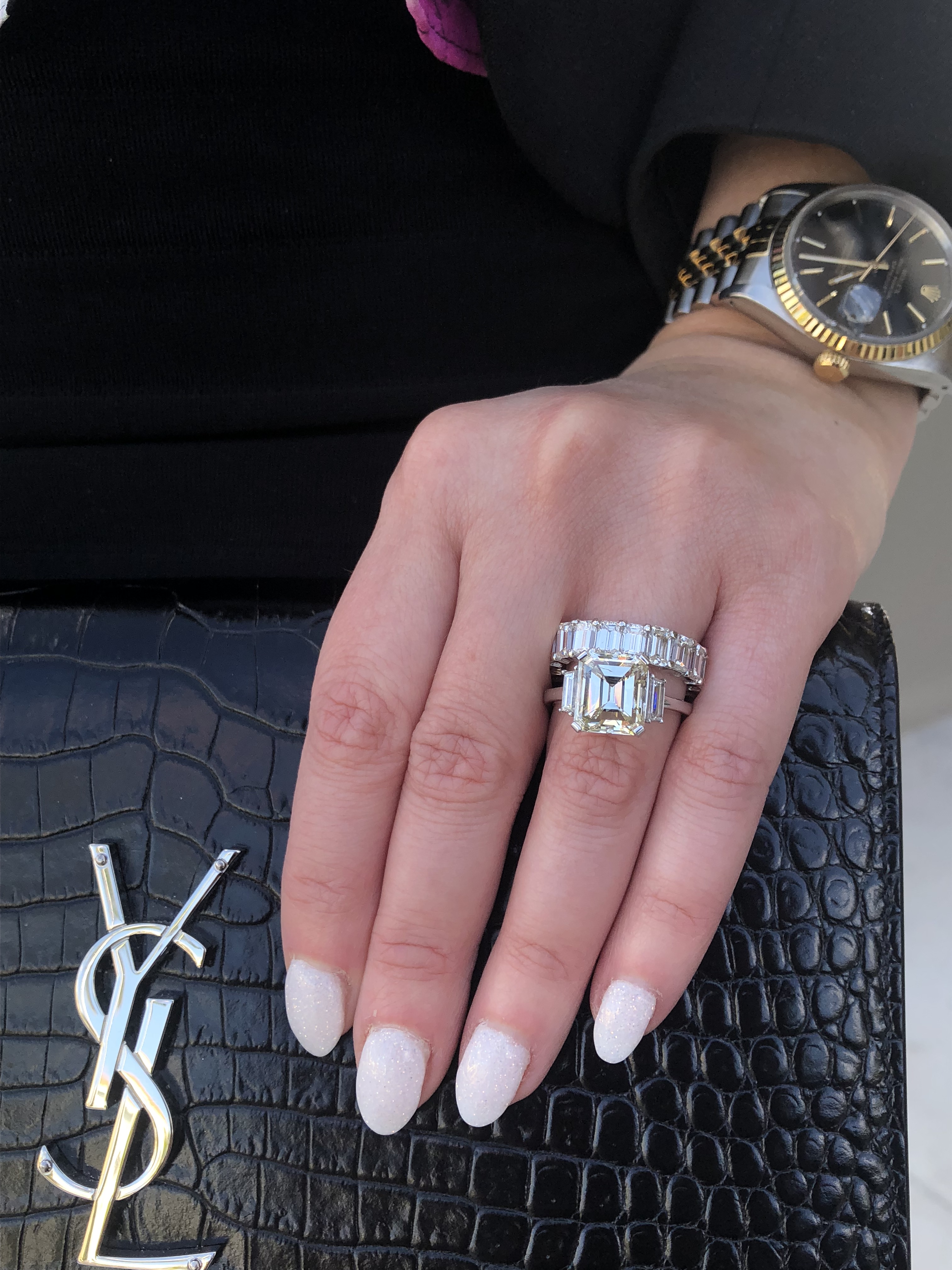 luxury jewellery diamond rings, two tone rolex and black ysl handbag 