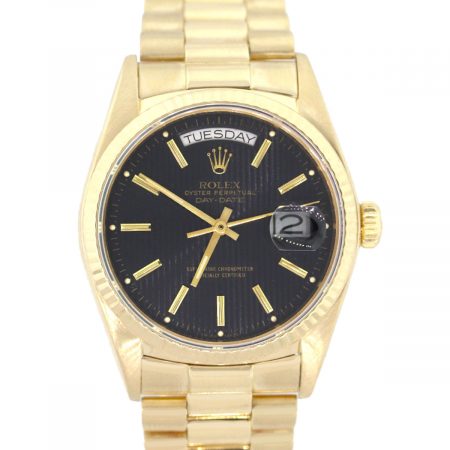 Rolex 18038 Day Date 18k Yellow Gold Black Tapestry Dial Watch
