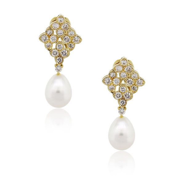 18k Yellow Gold 1.50ctw Diamond and Pear Shape Pearl Dangle Earrings