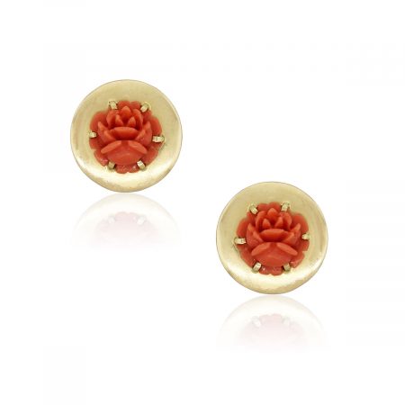 18k Yellow Gold Carved Coral Rose Round Earrings