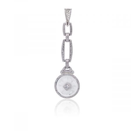14k White Gold Round Brilliant Diamond Etched Glass Drop Pendant