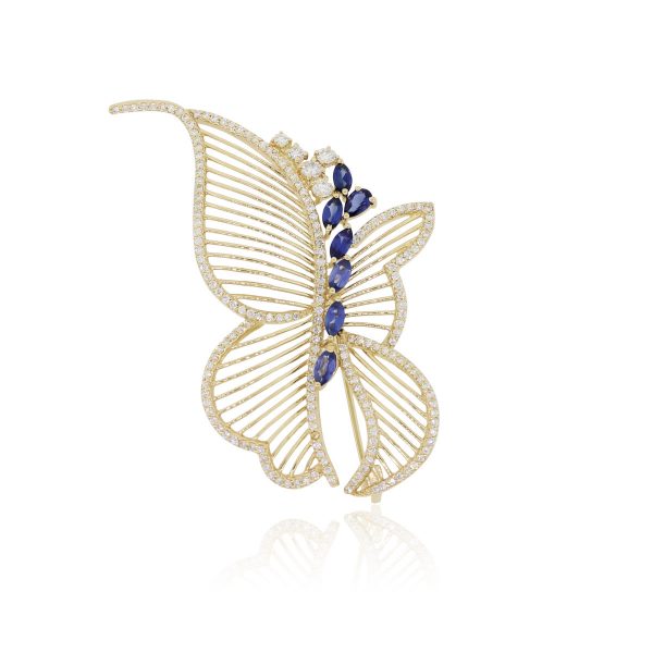 14k Yellow Gold 3.10ctw Diamond and 0.84ctw Sapphire Butterfly Pin
