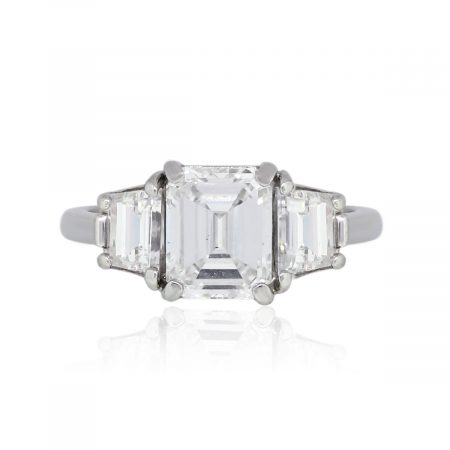 Platinum GIA Certified 1.61ct Emerald Cut Diamond Three Stone Engagement Ring