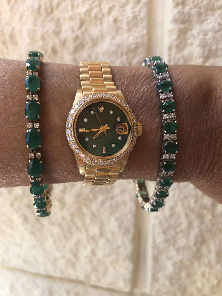emerald and diamond bracelet and rolex date just green malachite dial pair