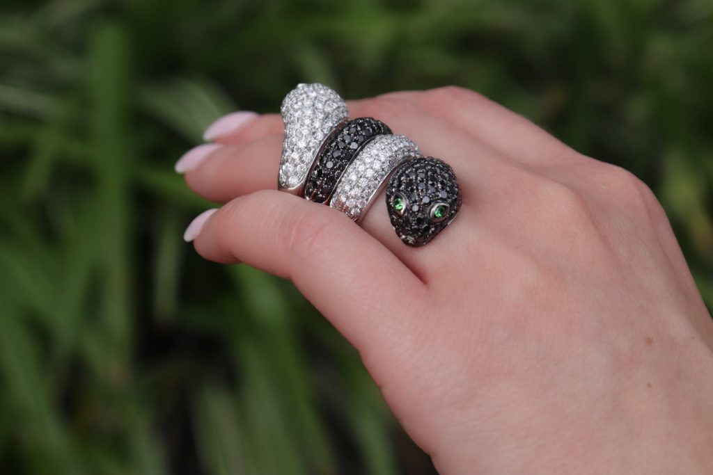 black and white diamond snake ring