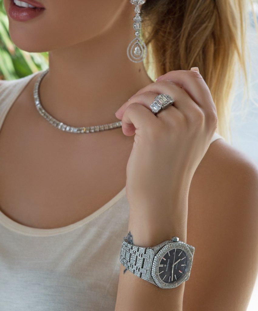 diamond jewelry watch earrings necklace and engagement ring