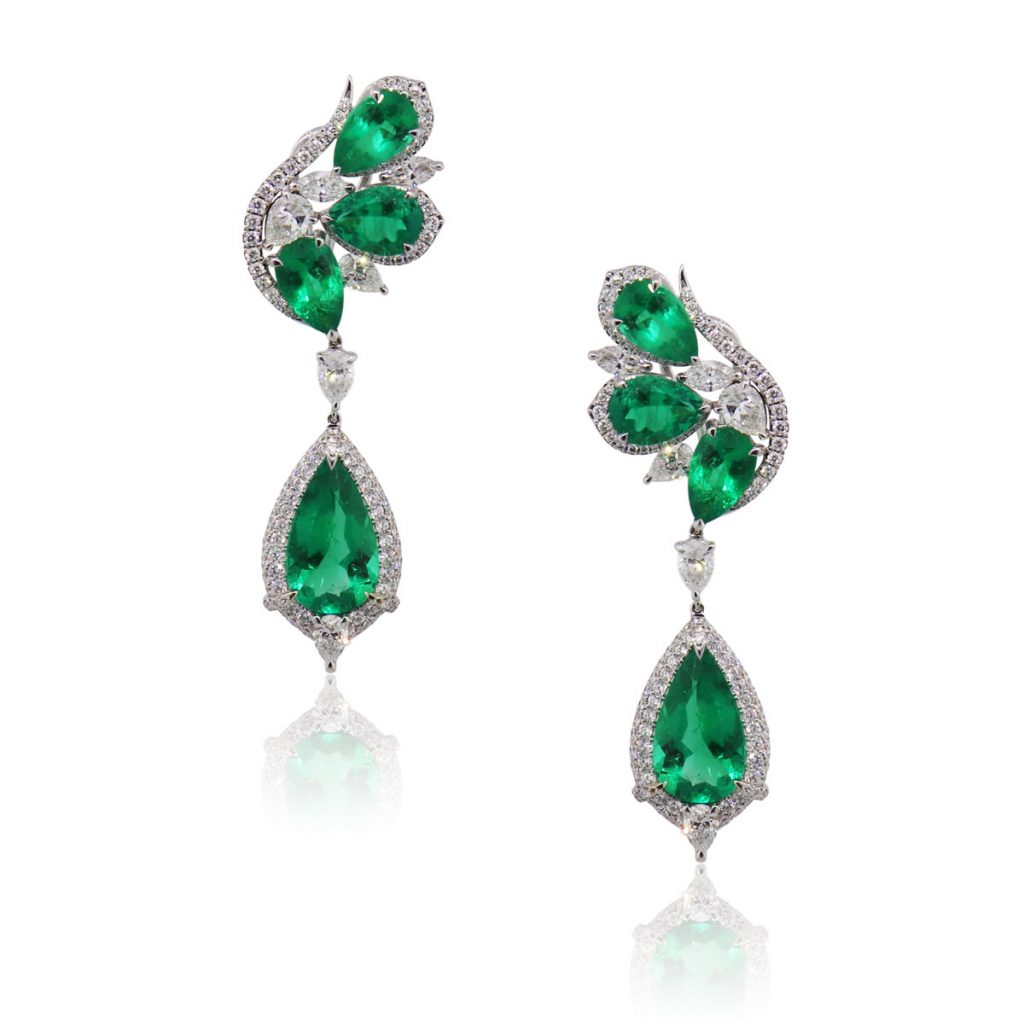 18k White Gold 10.72ctw Emerald and 3.49ctw Diamond Drop Earrings