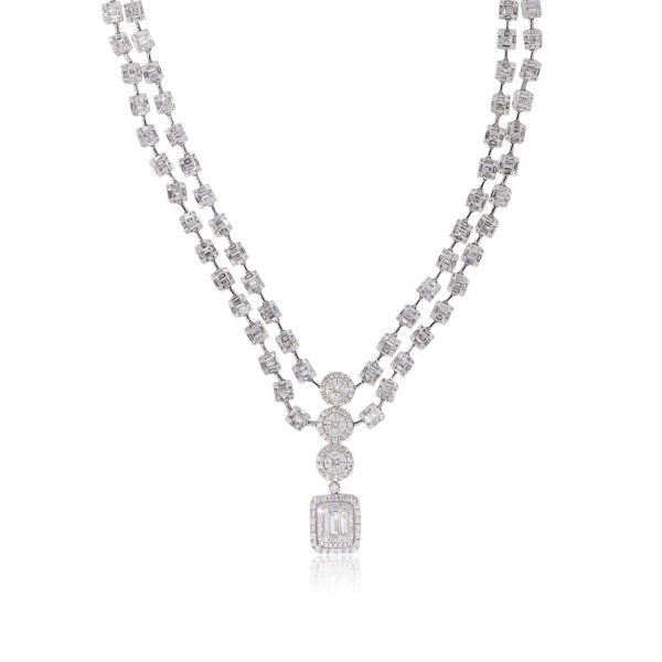 18k White Gold 20.65ctw Diamond Double Strand Dangle Halo Pendant Necklace